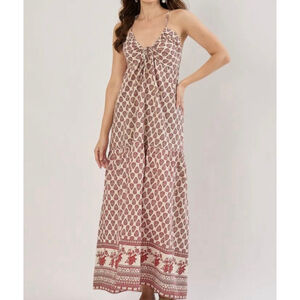 Boho Tie-Front Maxi Dress in Dusty Rose Print